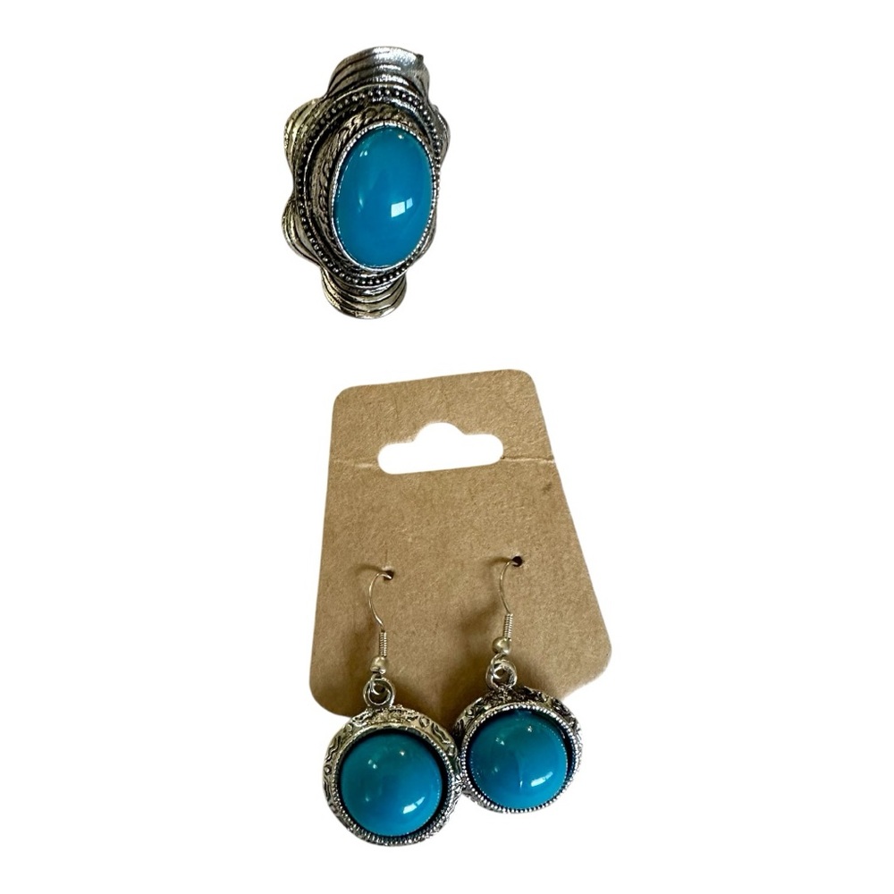 Silver and Turquoise Colored Vintage Dangle Earrings and Ring Set